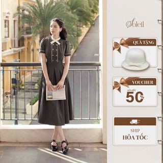 Váy Đầm Thiết Kế Nữ Cổ Tàu Ngắn Tay Chiết Eo Dáng Dài Phối Cúc Vàng Cổ Điển SOLEIL - Laki Dress VD09