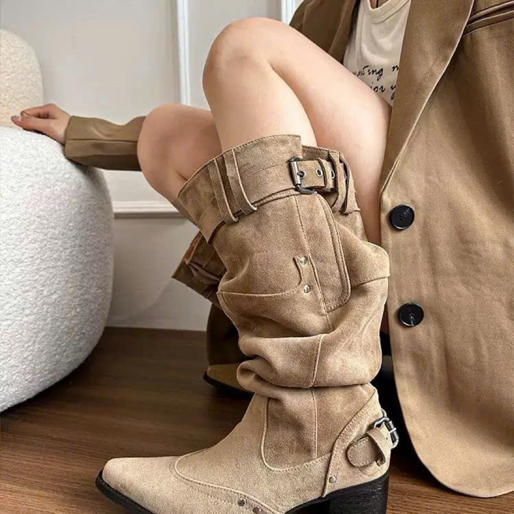 [HÀNG SẴN LOẠI 1] Boot mũi nhọn ống rộng da lộn Màu Kaki hottrend