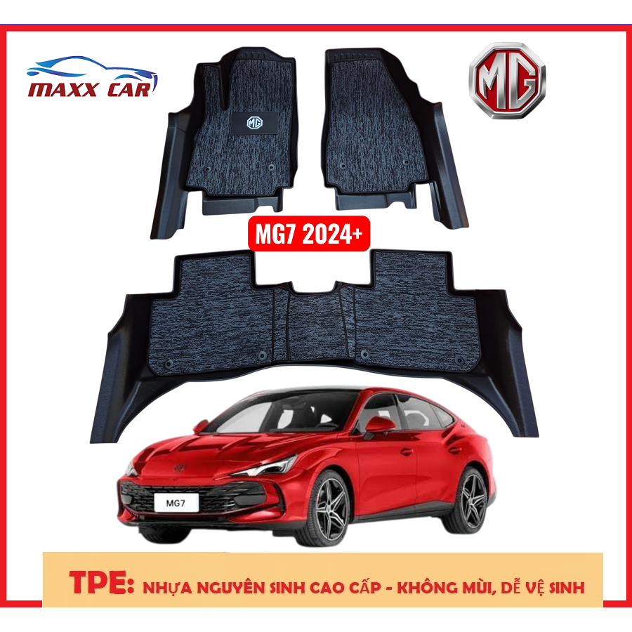 MG7: Thảm lót sàn MAXXCAR nhựa TPE NGUYÊN SINH đúc 5D xe MG7 2024+ tràn viền + Rối xám Logo cao cấp.