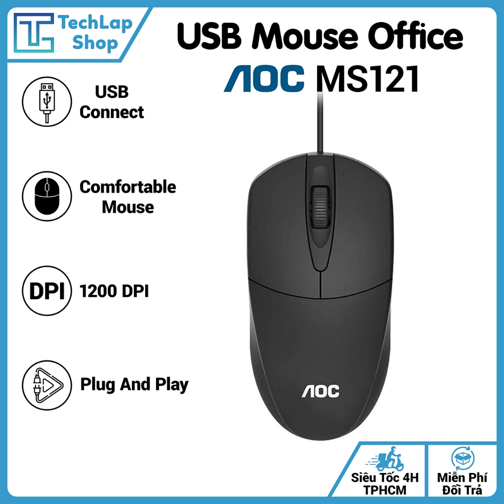 Chuột máy tính Office có dây AOC MS121, bền bỉ, cắm là dùng (Plug & Play) cho PC/Laptop, Văn phòng, 