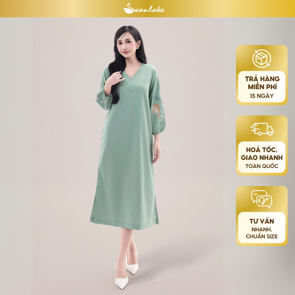SWANLAKE | Váy Đầm Nữ Midi Suông Xẻ Tà Cổ V Tay Lỡ Thêu Hoa Nổi Vải Linen Công Sở Tiệc Có Túi D12131