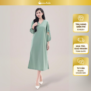 SWANLAKE | Váy Đầm Nữ Midi Suông Xẻ Tà Cổ V Tay Lỡ Thêu Hoa Nổi Vải Linen Công Sở Tiệc Có Túi D12131