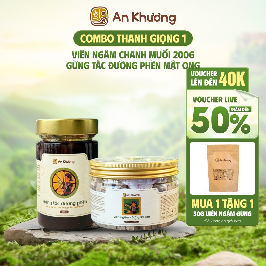 [Giảm 10%] Combo Thanh giọng 1 - Gừng tắc đường phèn + Viên ngậm gừng chanh muối Kèm Quà Tặng