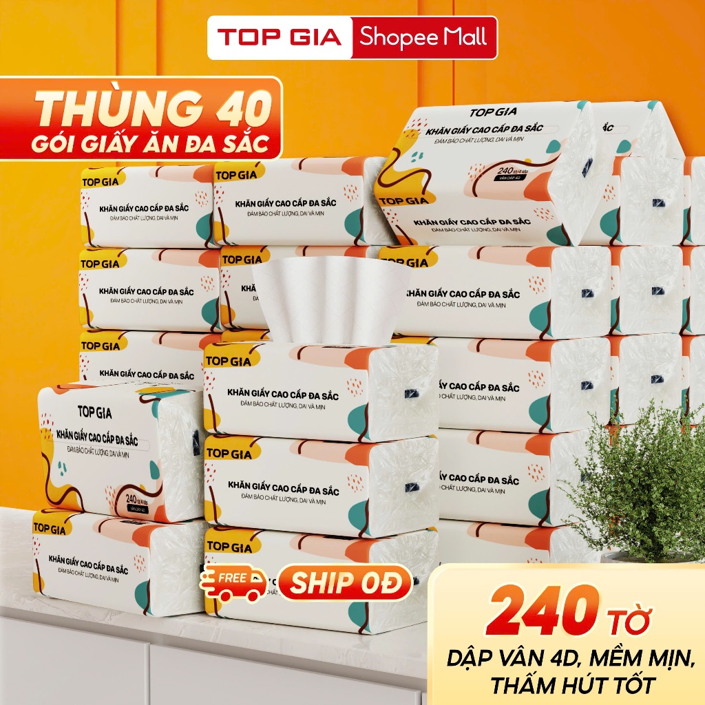 Giấy ăn rút Topgia thùng 40 gói đa sắc cao cấp 240 tờ 4 lớp, dập vân 4D, mềm mịn, thấm hút tốt