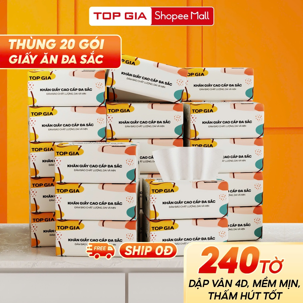 Giấy ăn rút Topgia thùng 20 gói đa sắc cao cấp 240 tờ 4 lớp, dập vân 4D, mềm mịn, thấm hút tốt