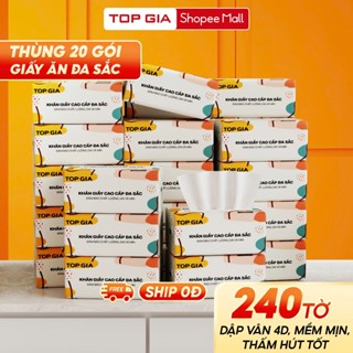 Giấy ăn rút Topgia thùng 20 gói đa sắc cao cấp 240 tờ 4 lớp, dập vân 4D, mềm mịn, thấm hút tốt