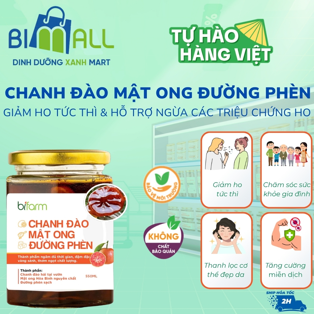 Chanh đào mật ong đường phèn giảm ho rát họng BIFARM