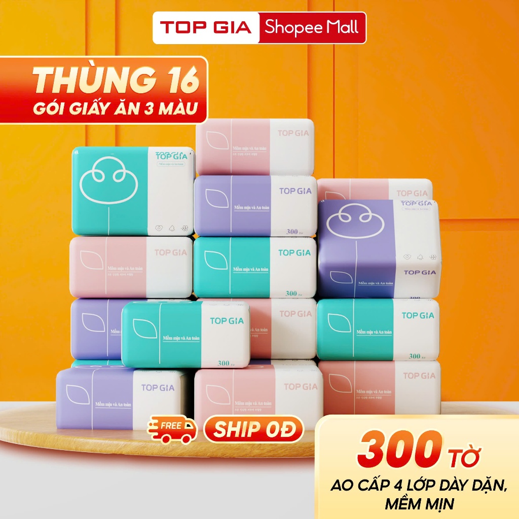 Thùng 16 gói giấy ăn rút Top gia 3 màu cao cấp 4 lớp dày dặn, mềm mịn