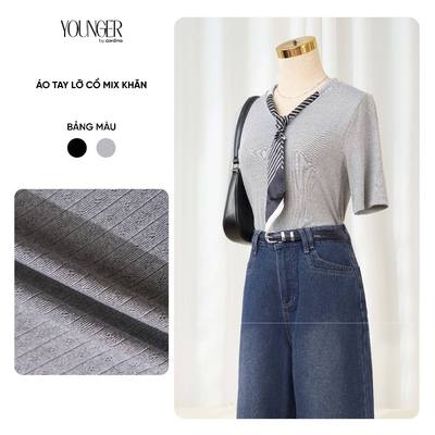 Áo thun tăm nữ CARDINA tay lỡ cổ mix khăn 5YALL06