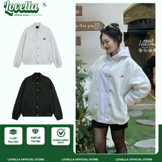 Áo Khoác BOMBER Nỉ 2 Da LOVELLA, Áo Khoác Nỉ Logo M Thêu Nổi Dày Dặn Form Boxy Phong Cách Hàn Quốc