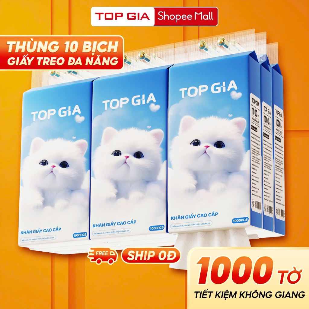 Thùng 10 bịch giấy treo đa năng GiaGia Top Gia, Khăn rút vệ sinh treo tường 4 lớp, bịch 1000 tờ