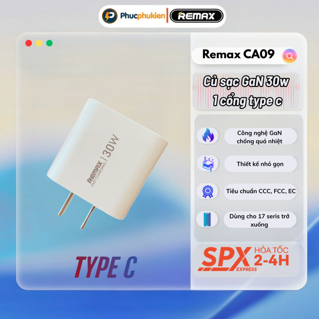 Củ Sạc Nhanh GaN 30W Remax CA09, Chuẩn PD 30W, dành cho 17 series Trở Xuống