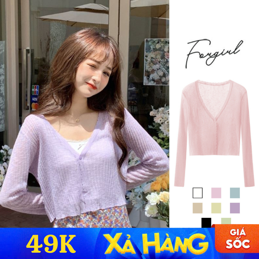 Áo khoác cardigan mỏng dệt kim dài tay cổ V forgirl kiểu dáng croptop FG094