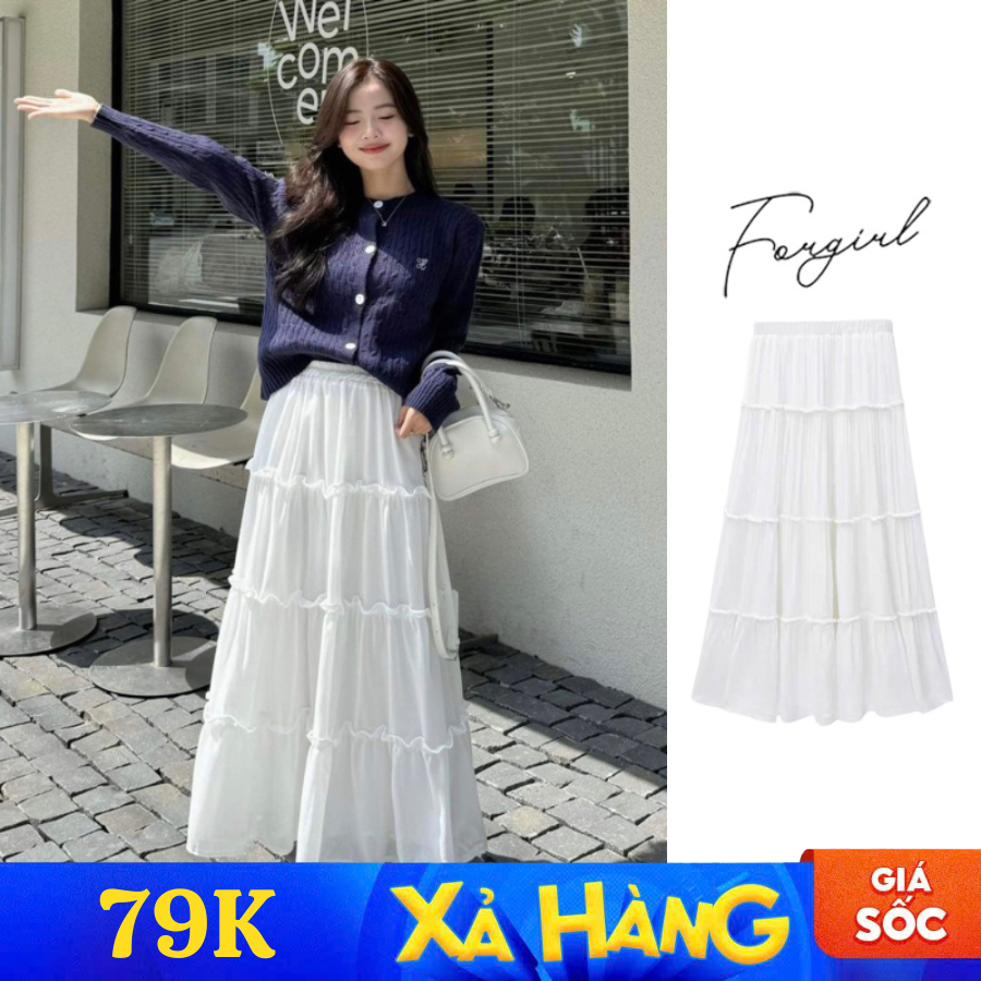 Chân váy midi Forgirl chân váy xòe dài voan tơ thiết kế layer 4 tầng bồng bềnh T017
