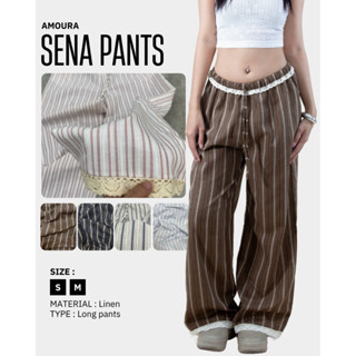 [SALE upto 60%] SENA PANT| Quần dài sọc nữ viền ren ống suông có túi, chất liệu vải linen thô mỏng phối ren| Amoura