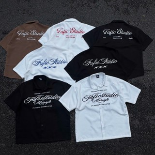 Sơ mi oxford chữ thêu Fafic tay ngắn có túi basic striped shirt form boxy rộng unisex local brand nam nữ