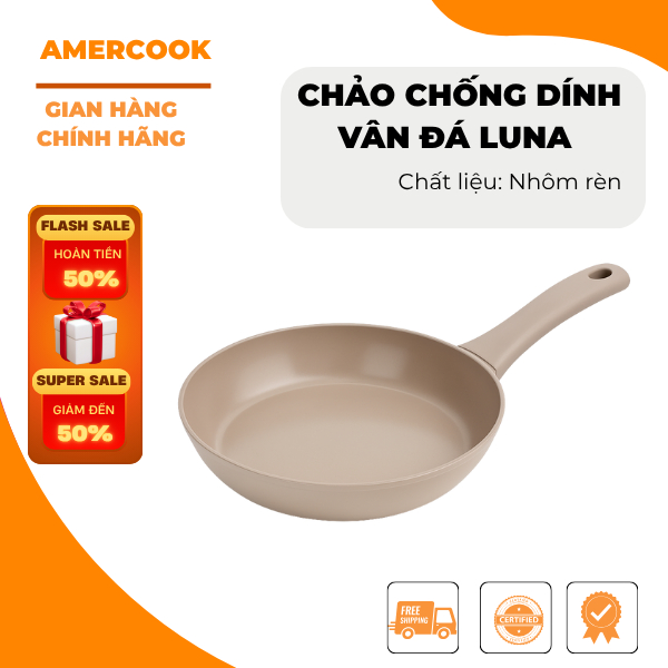 Chảo chống dính Luna Amercook, dùng bếp từ, điện, ga, hồng ngoại, chống dính 2 lớp bền bỉ, an toàn