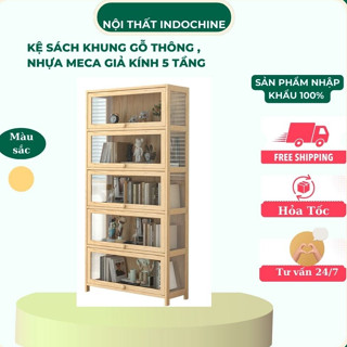 Tủ sách gỗ thông nhiều tầng cửa kính acrylic tiện lợi, kệ đựng đồ đa năng phòng khách phòng ngủ