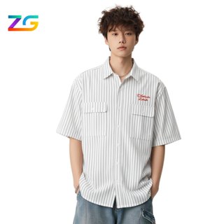 Áo sơ mi boxy nam nữ ZGO Thêu 2 mặt túi hộp họa tiết kẻ sọc Hot Trend -AZG16