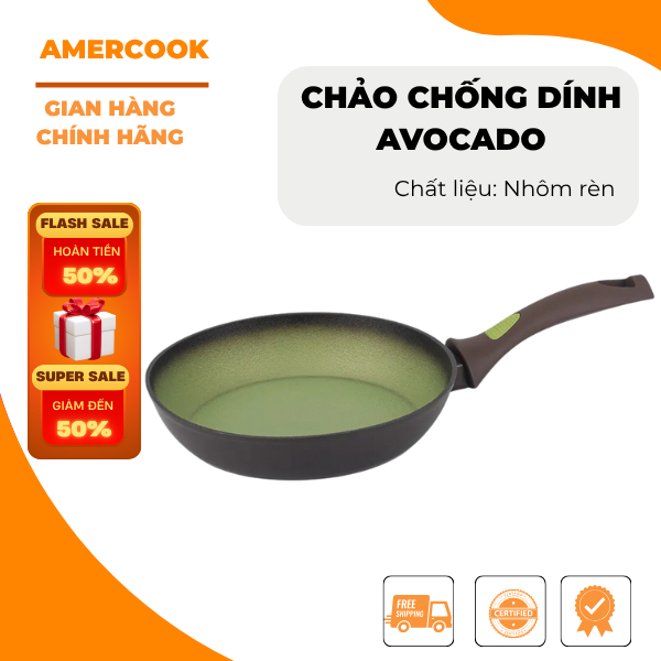 Chảo chống dính nhôm Ceramic Avocado Amercook chính hãng 20/24/28cm, bền bỉ, dùng cho bếp ga, điện, từ và hồng ngoại