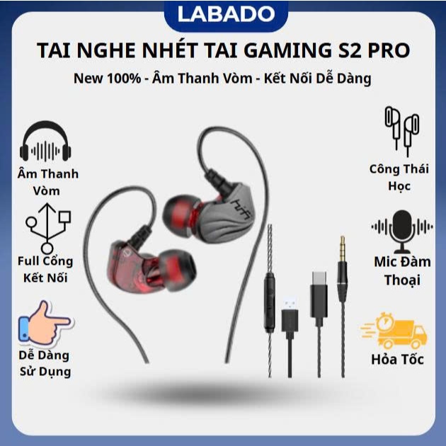 Tai nghe S2 Gaming Pro Có Dây Cho PC Laptop Điện Thoại, Tai Nghe Nhét Tai Dây Dù Có Mic LABADO