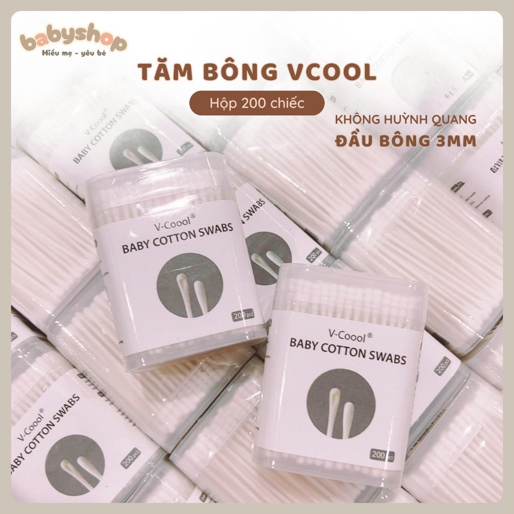 Hộp 200 chiếc tăm bông Vcool dành cho bé vệ sinh tai mũi mắt mềm mại an toàn khi sử dụng