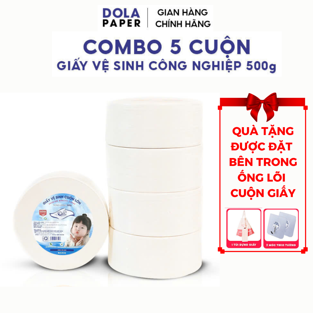 DOLA - [TẶNG TÚI] Cmbo 5 cuộn - Giấy vệ sinh công nghiệp cuộn lớn 500G - giấy 3 lớp mềm mịn tan nhanh trong nước