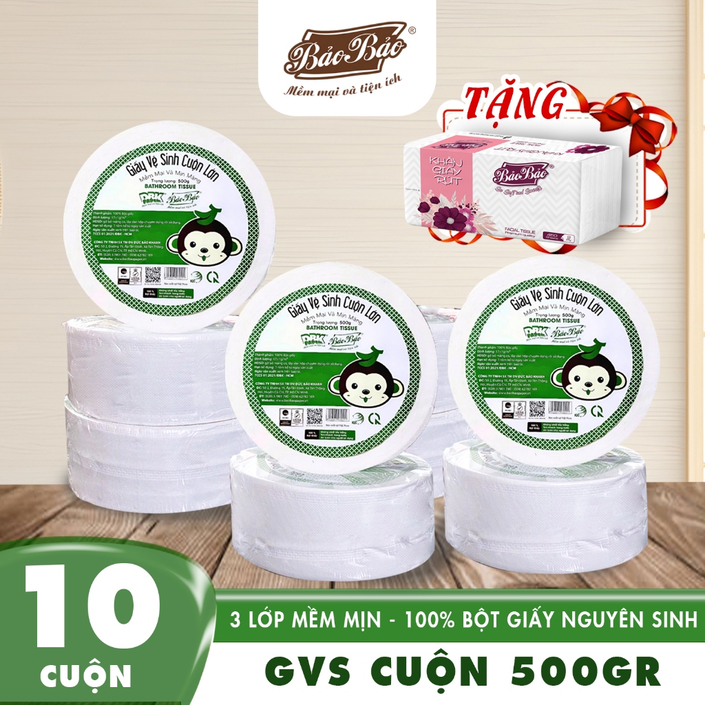 Combo 5 Cuộn Giấy vệ sinh công nghiệp cuộn lớn 500g Bảo Bảo - Mềm Mịn, Không Bụi, Tan Nhanh
