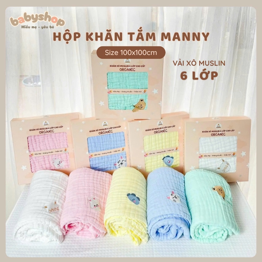  Hộp khăn tắm trẻ em MANNY 6 lớp vải muslin organic mềm mịn cho bé trai bé gái kích thước 100x100cm 