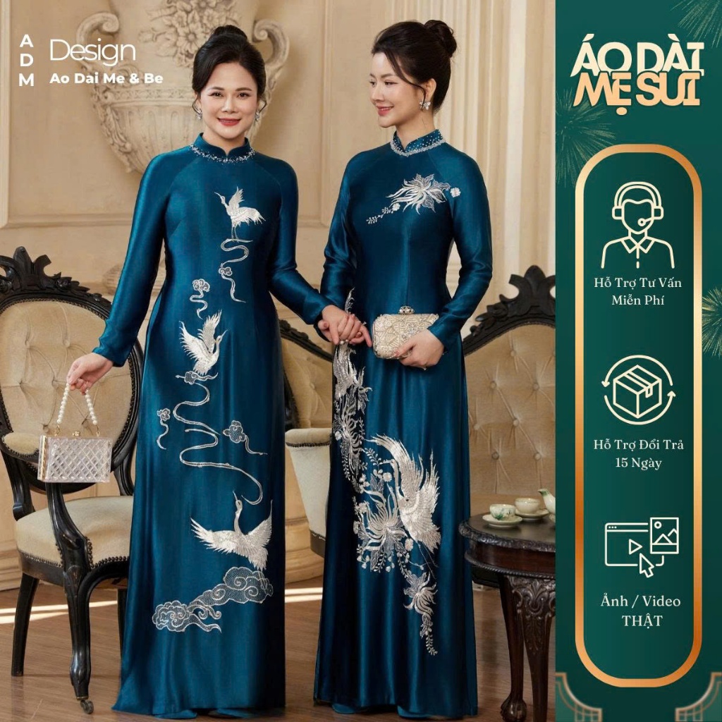 Áo Dài Mẹ, Áo Dài Bà Sui Cao Cấp Chất Lụa Ruby Màu Xanh Cổ Vịt Hoạ Tiết Thêu Hoa Đính Kết Cổ Áo Tỉ M