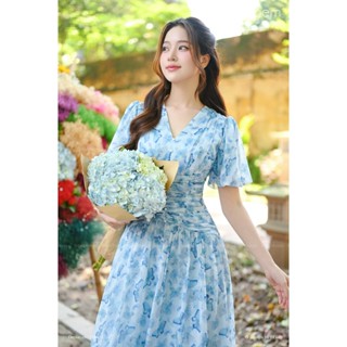 Đầm Hoa Nhí Xanh Dáng Dài Tiểu Thư Cổ V Xếp Ly Eo Bem Design (DR631)