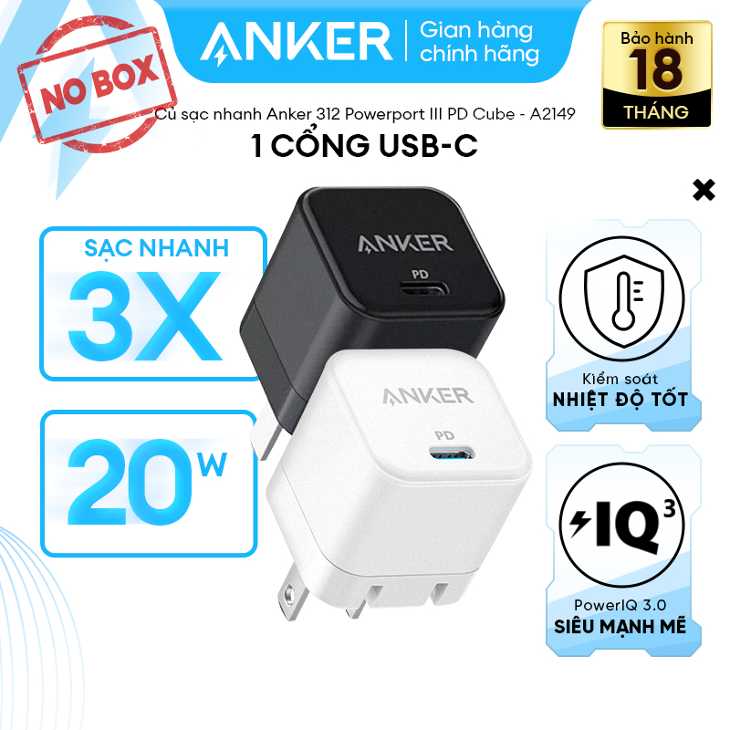   NO BOX  Củ sạc nhanh Anker 20W 312 PowerPort III PD Cube - 1 cổng USB-C - Chân gập nhỏ gọn thích hợp cho iPhone- A2149 