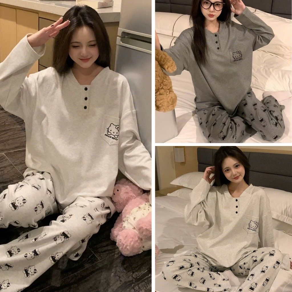  Sét Bộ Nỉ Nữ Thu Đông Dài Tay Hình Hello Kitty Chất Nỉ Bông 2 Màu Áo Cổ Tròn Cài Cúc Kèm Quần Dáng Suông Mặc Thu Đông 