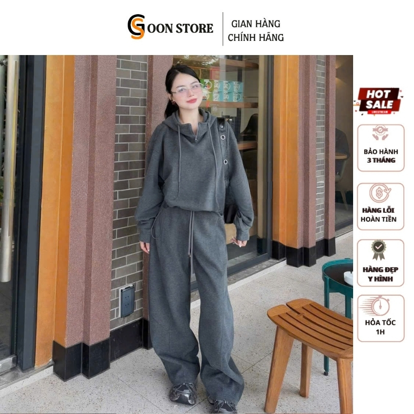Set áo Hoodie croptop+ quần suông thể thao nhiều màu năng động trẻ trung Goon Store