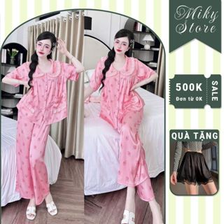  Đồ Ngủ Nữ Cổ Sen Dài 2 Túi Bigsize MIKY Đồ Ngủ Bigsize Lụa Latin In TK mềm mại xinh xắn < 70KG 