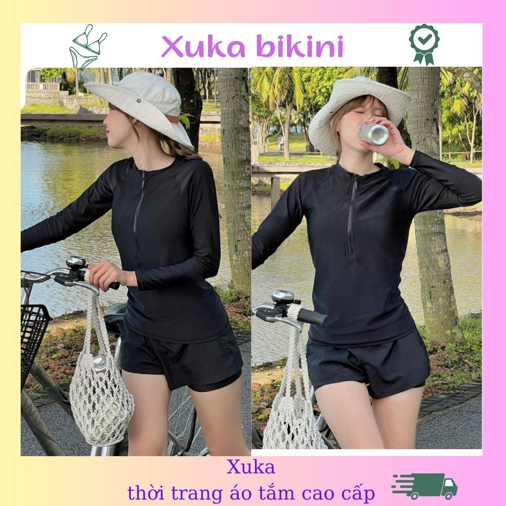 Đồ bơi nữ kín đáo, bikini 2 mảnh tay dài che nắng quần đùi 2 lớp áo có mút ngực dây khóa kéo thể tha