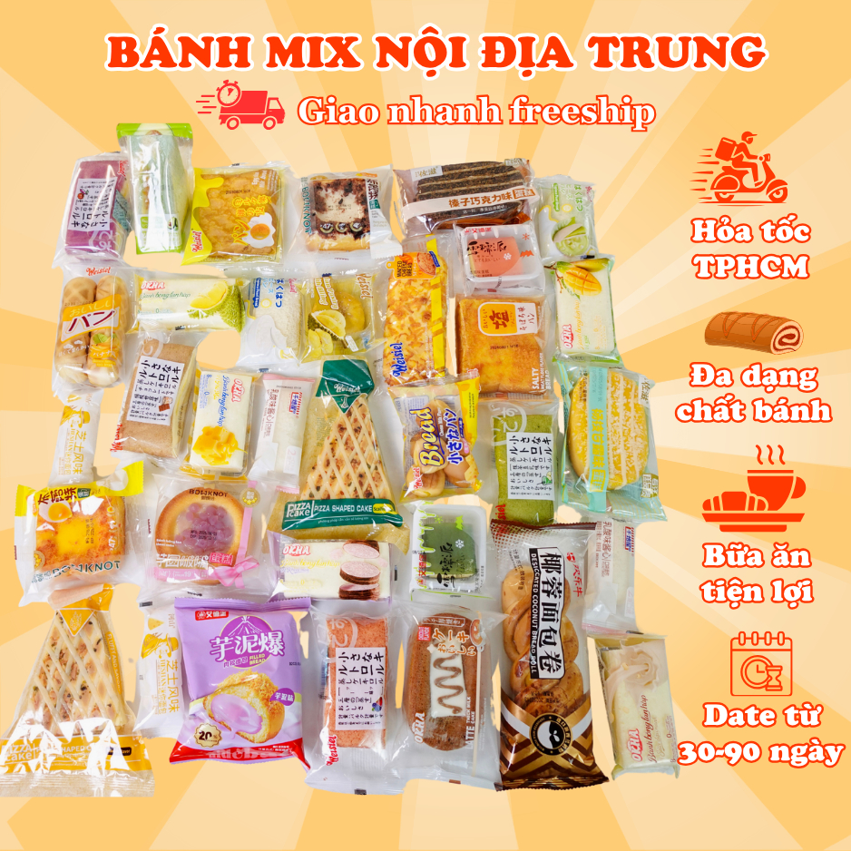 Bánh Mix Nội Địa Trung Thùng 2,3Kg - Bánh Bông Lan, Bánh Mì, Mochi Nhiều Loại Đa Dạng - NSX Được In Trên Bao Bì Bánh