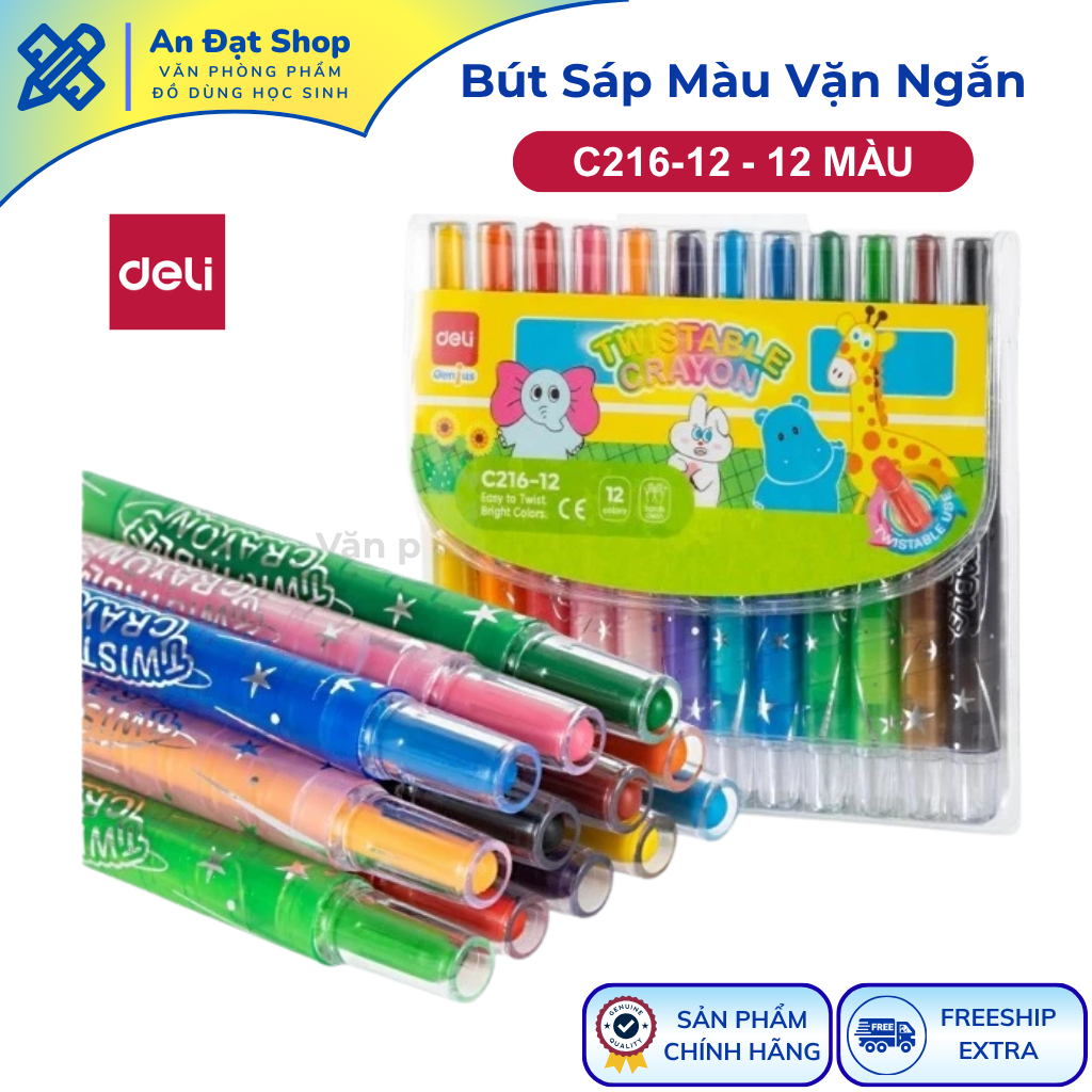 Hộp bút sáp màu vặn ngắn Deli C216-12 hộp 12 màu
