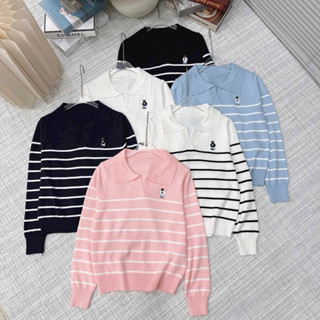  Áo len cổ bẻ phối kẻ thêu hình tay dài hàng quảng châu A606 