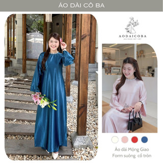  Áo Dài Cách Tân Nữ Dáng Suông Cổ Tròn Mộng Giao Lụa Tráng Gương Mịn Tay Dài Loe Rộng Sang Trọng Cổ Kết Ngọc Trai 