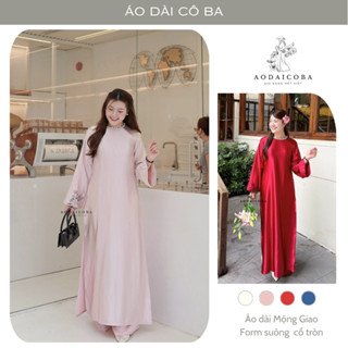 Áo Dài Cách Tân Nữ Dáng Suông Cổ Tròn Mộng Giao Lụa Tráng Gương, Tay Lỡ Cổ Kết Ngọc Trai Sang Trọng - Áo Dài Cô Ba