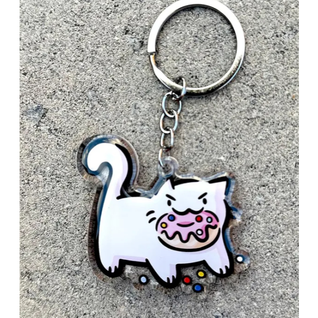 Grumpy Donut Cat Keychain | Cute Acrylic Keychain | white cat keychain | sprinkle donut keychain | g
