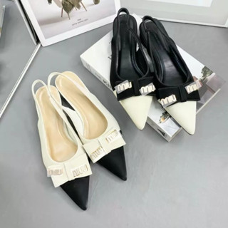  Sandal Nữ Mũi Nhọn Phối Màu Nơ Gắn Khoá M!U Chất Tuyết Nhung Giày Sục Bệt Quai Hậu Cao Cấp Giày búp bê slingback 