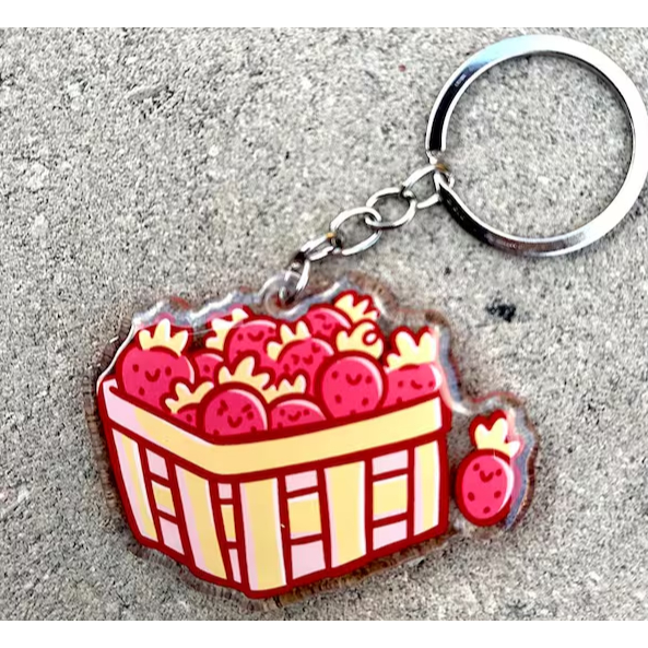 Basket of Strawberries Keychain | Cute Acrylic Keychain | Kawaii Fruit keychain | Picking fruit keyc