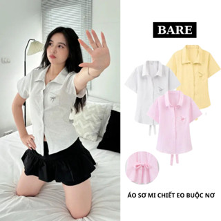   DEAL SIÊU HỜI  Áo Sơ Mi Nữ Chiết Eo Buộc Nơ Có Túi Kiểu Thêu Nơ Chất Vải Kate Mịn Mát Form Ôm_A400 