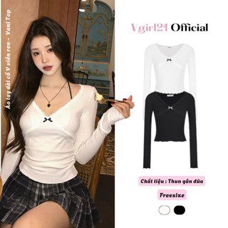 Áo thun nữ croptop tay dài đính nơ có may sẵn mút ngực kiểu Hàn Quốc vải mềm mịn