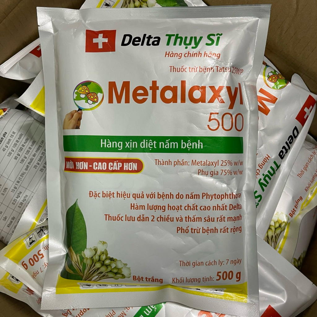 METALAXYL 500WP DELTA THUỴ SĨ (gói 500g) phòng trừ Nứt thân, xì mủ, cháy lá,…cây trồng. Hàng công ty