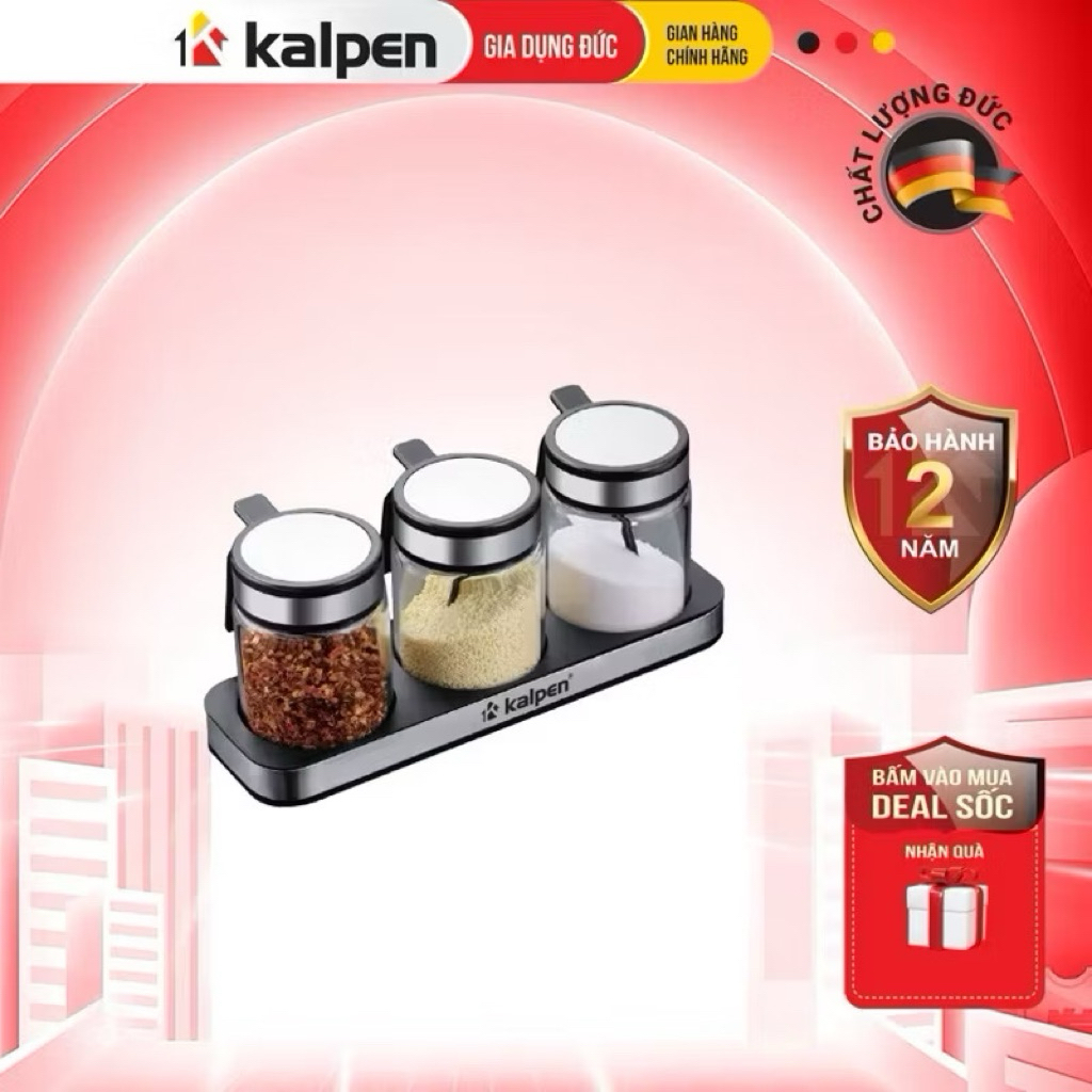Bộ 3 lọ đựng gia vị kèm khay KALPEN SB2 thuỷ tinh borosilicate trong suốt, nắp inox có gioăng kín khít