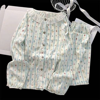 Đồ ngủ nữ dài tay cổ tròn phối ren xinh xắn | Bộ đồ ngủ cotton họa tiết dễ thương | Free size – Big size