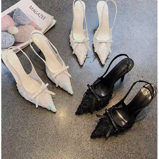 Size35-42 Giày cao gót vải thêu hoa hồng Hot  Giày ren lưới hoa đính nơ phong cách mới siêu mềm không đau chân 1p-5p-7p 